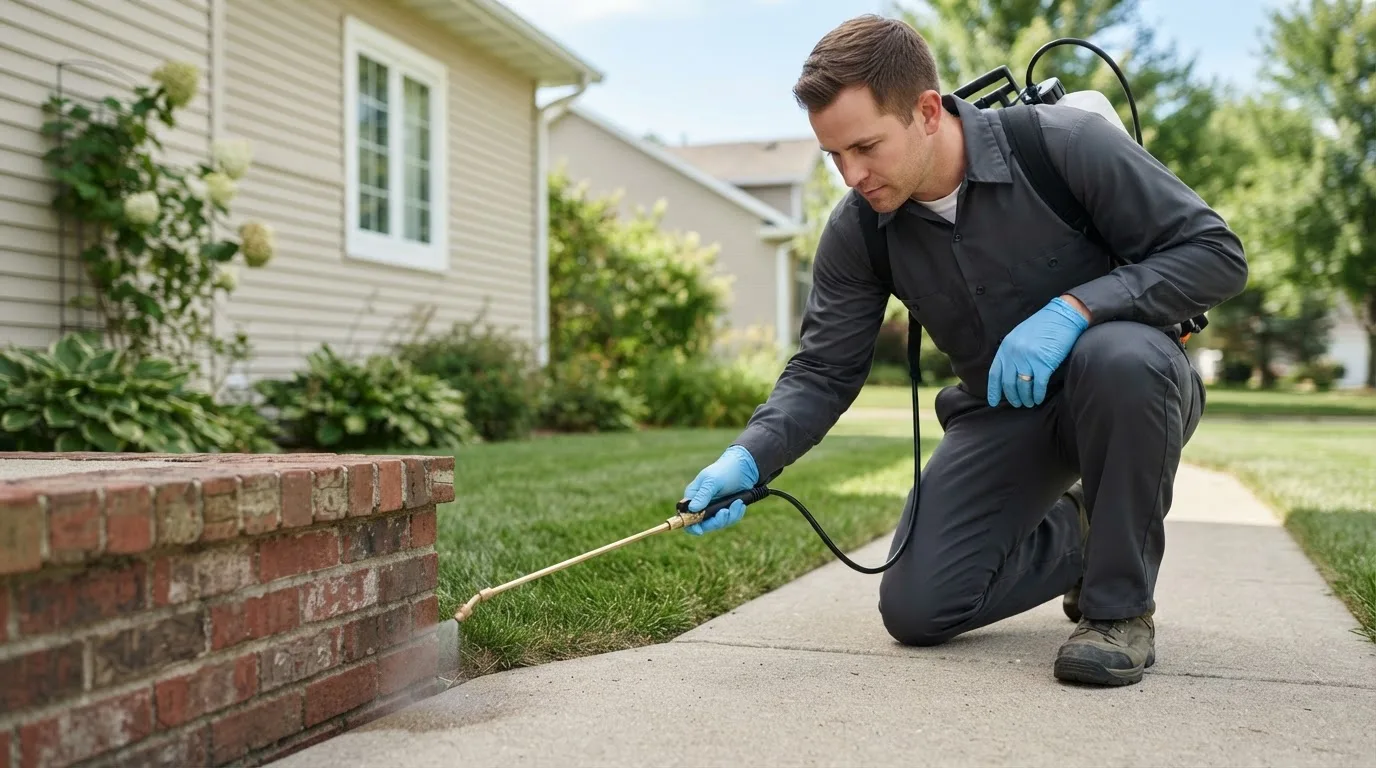 Pest control technician treating a home near Vintondale, PA
