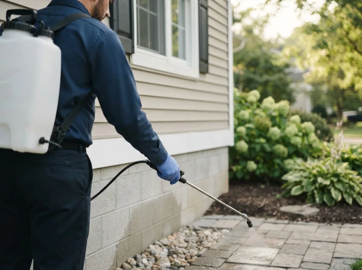 Pest control technician inspecting a home in Vintondale, PA